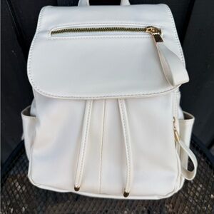White Leather Backpack Purse with Gold Hardware